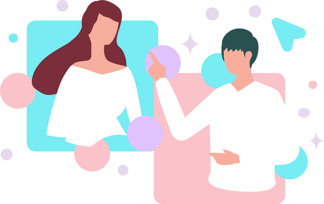 deux personnes se font face, une sur fond bleu avec les cheveux longs et bruns avec un tshirt blanc, l'autre avec les cheveux courts noirs sur fond rose, avec un tshirt blanc.